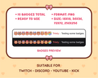 Orange Tabby Cat Twitch sub badge pack preview displaying all 10 subscriber badges with format and size information.