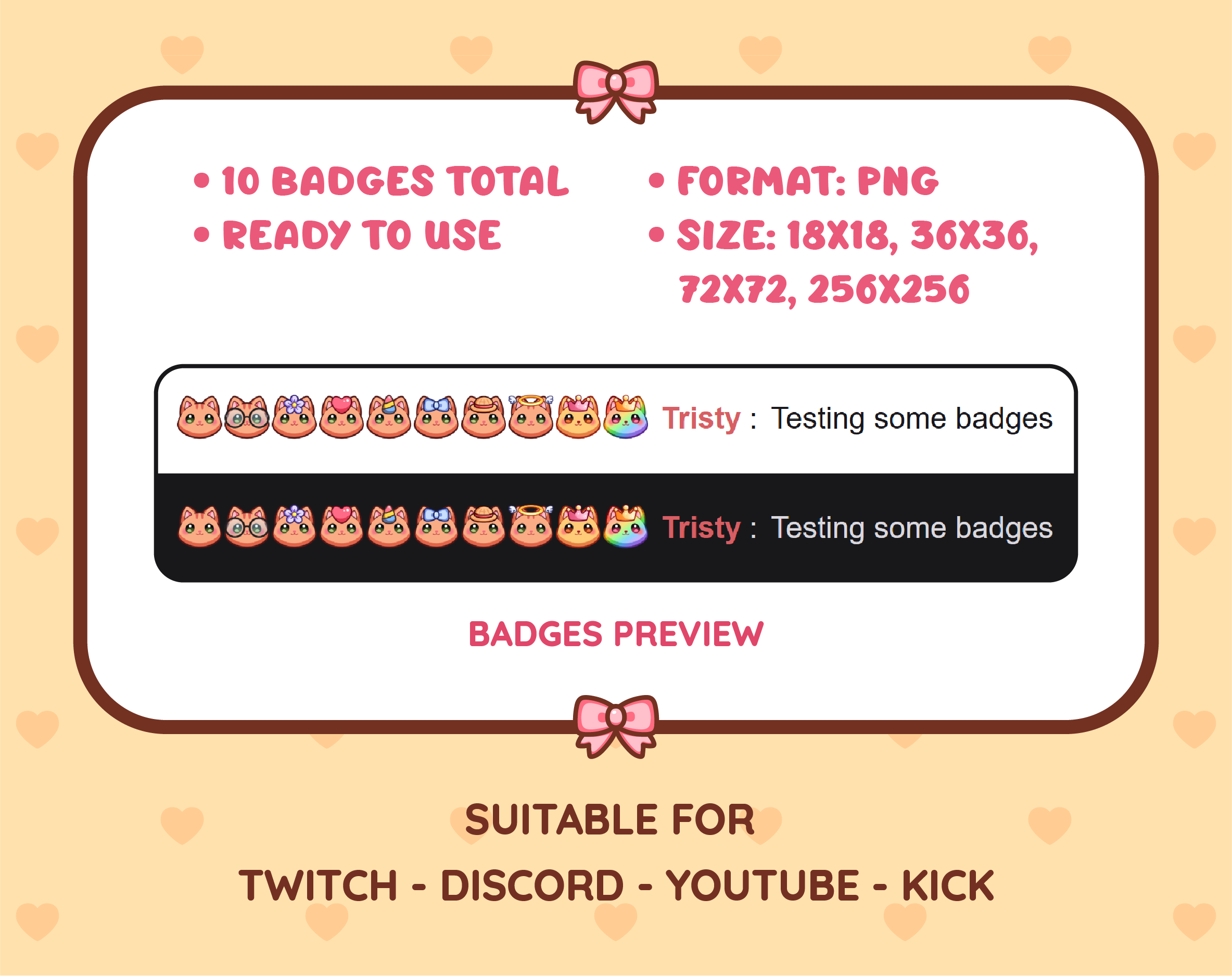 Orange Tabby Cat Twitch sub badge pack preview displaying all 10 subscriber badges with format and size information.