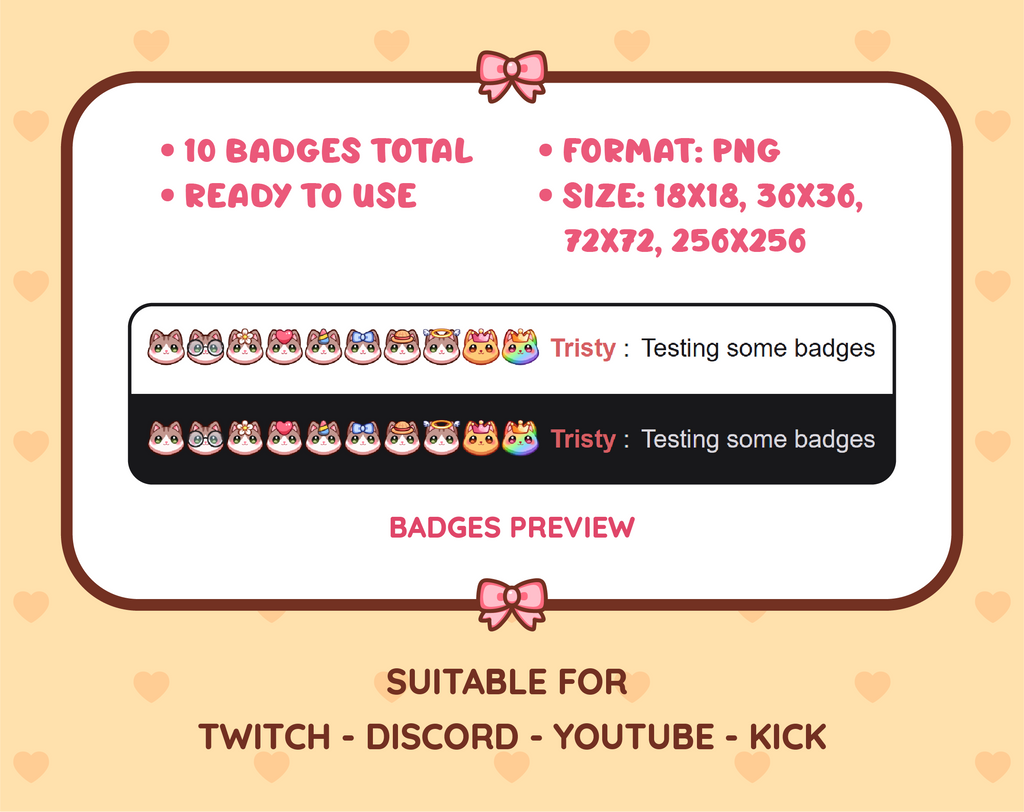 Brown and White Cat Twitch sub badge pack preview displaying all 10 subscriber badges with format and size information.