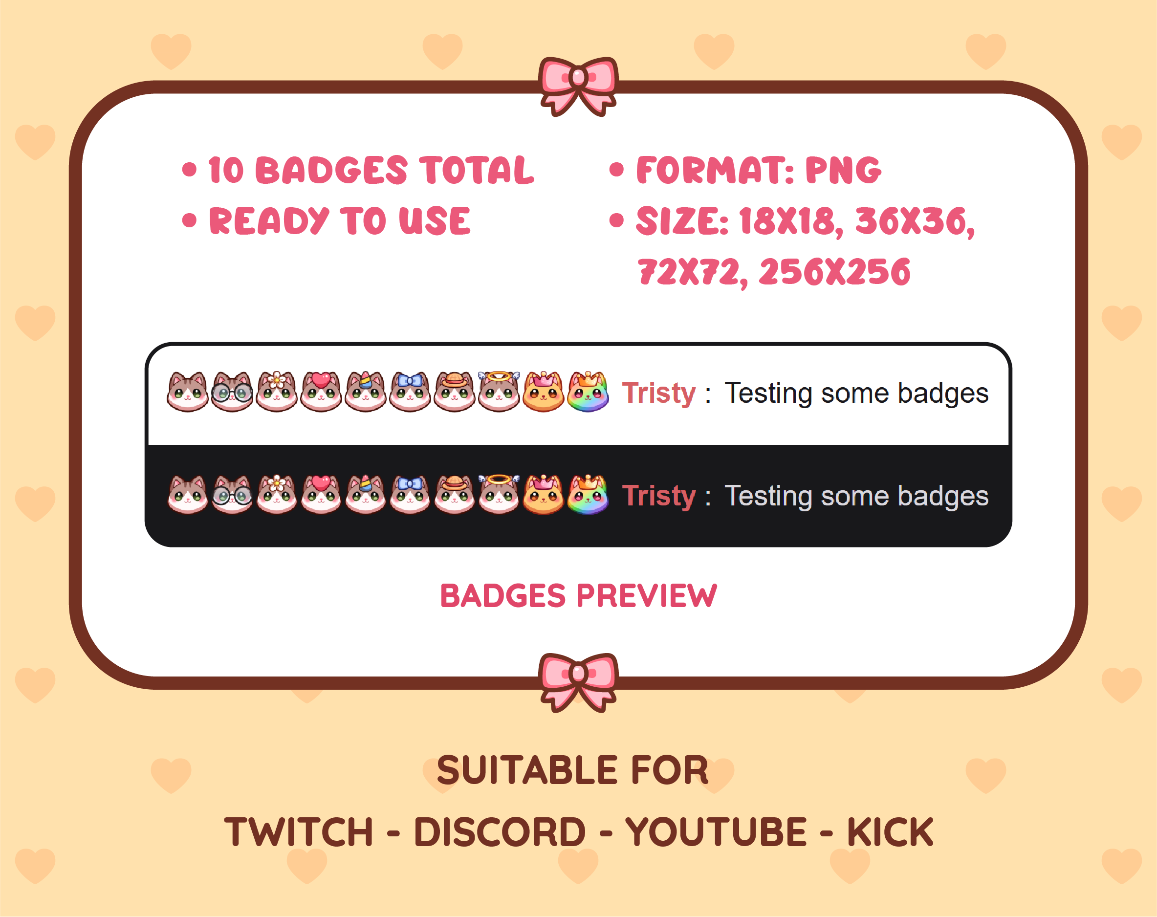 Brown and White Cat Twitch sub badge pack preview displaying all 10 subscriber badges with format and size information.