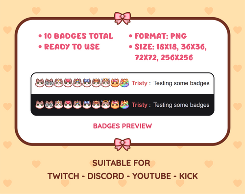 Brown and White Cat Twitch sub badge pack preview displaying all 10 subscriber badges with format and size information.
