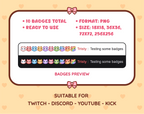 Cat Twitch sub badge pack preview displaying all 10 subscriber badges with format and size information.