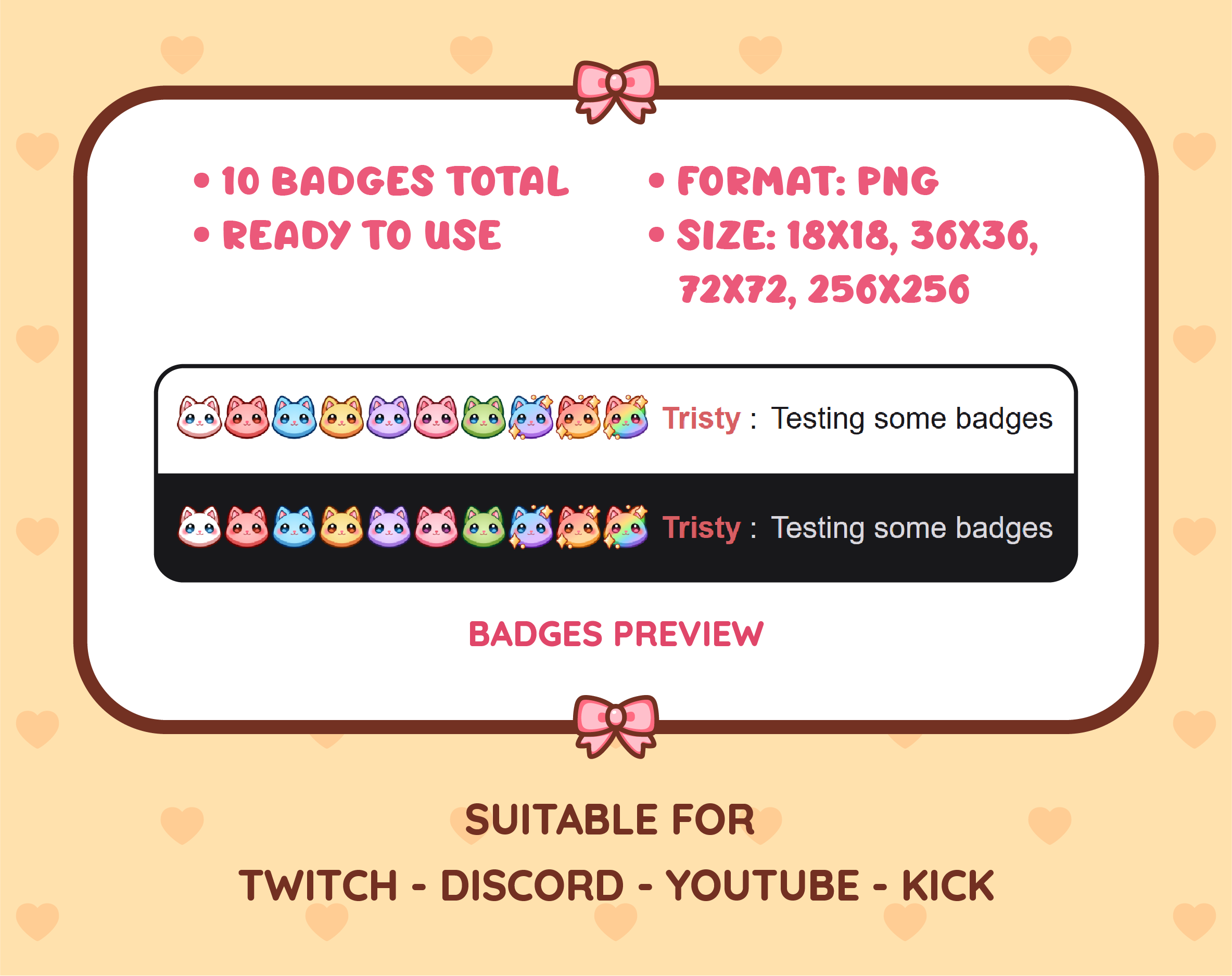 Cat Twitch sub badge pack preview displaying all 10 subscriber badges with format and size information.