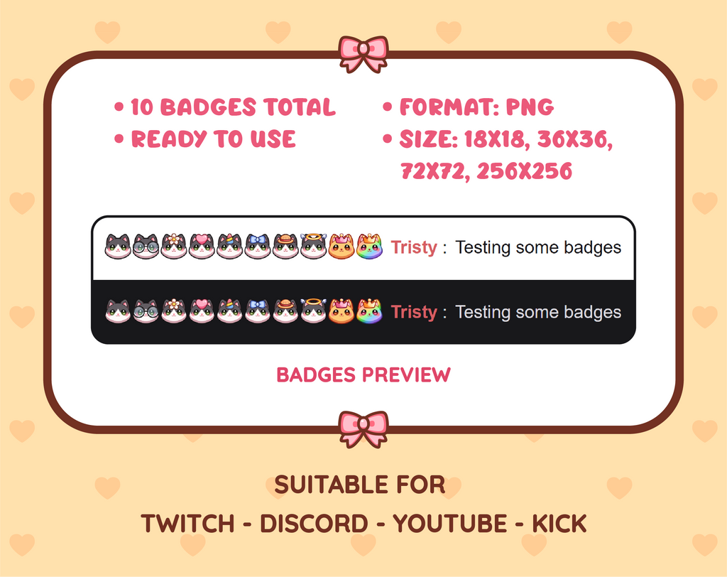 Black and White Cat Twitch sub badge pack preview displaying all 10 subscriber badges with format and size information.