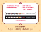 Black and White Cat Twitch sub badge pack preview displaying all 10 subscriber badges with format and size information.