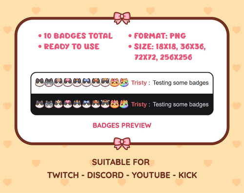 Black and White Cat Twitch sub badge pack preview displaying all 10 subscriber badges with format and size information.