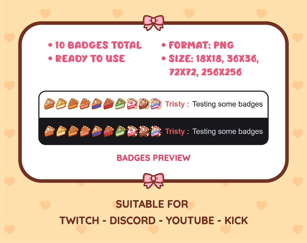 Pie Twitch sub badge pack preview displaying all 10 subscriber badges with format and size information.