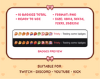 Pie Twitch sub badge pack preview displaying all 10 subscriber badges with format and size information.