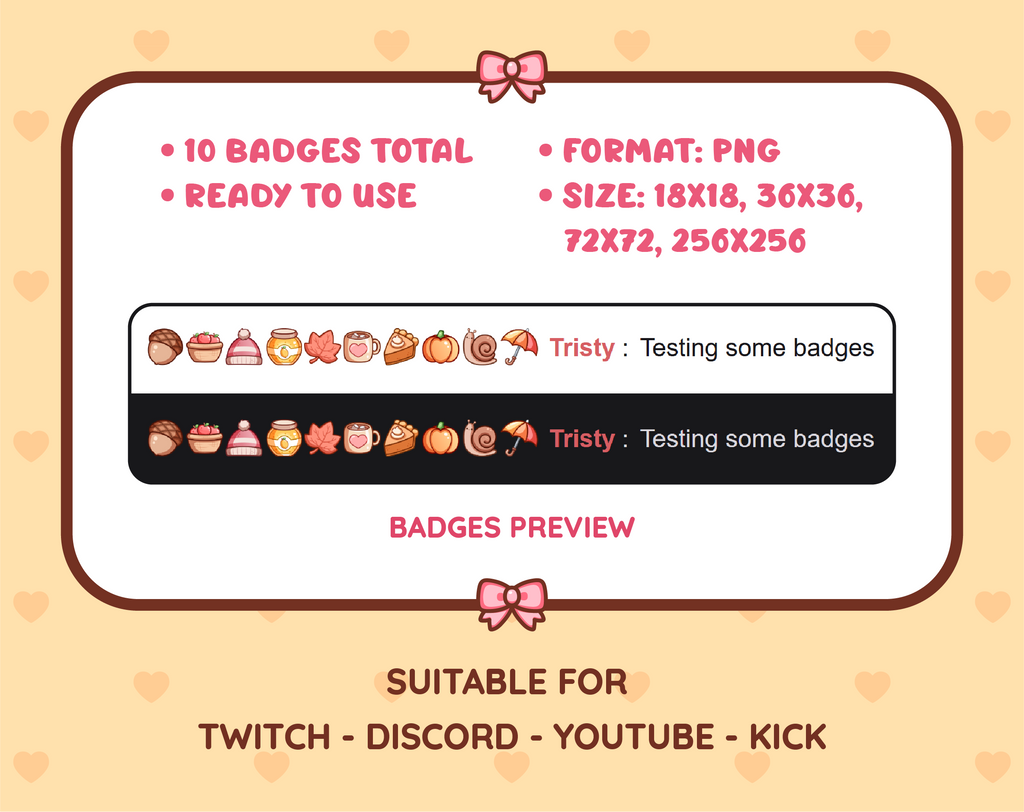 Fall Elements Twitch sub badge pack preview displaying all 10 subscriber badges with format and size information.