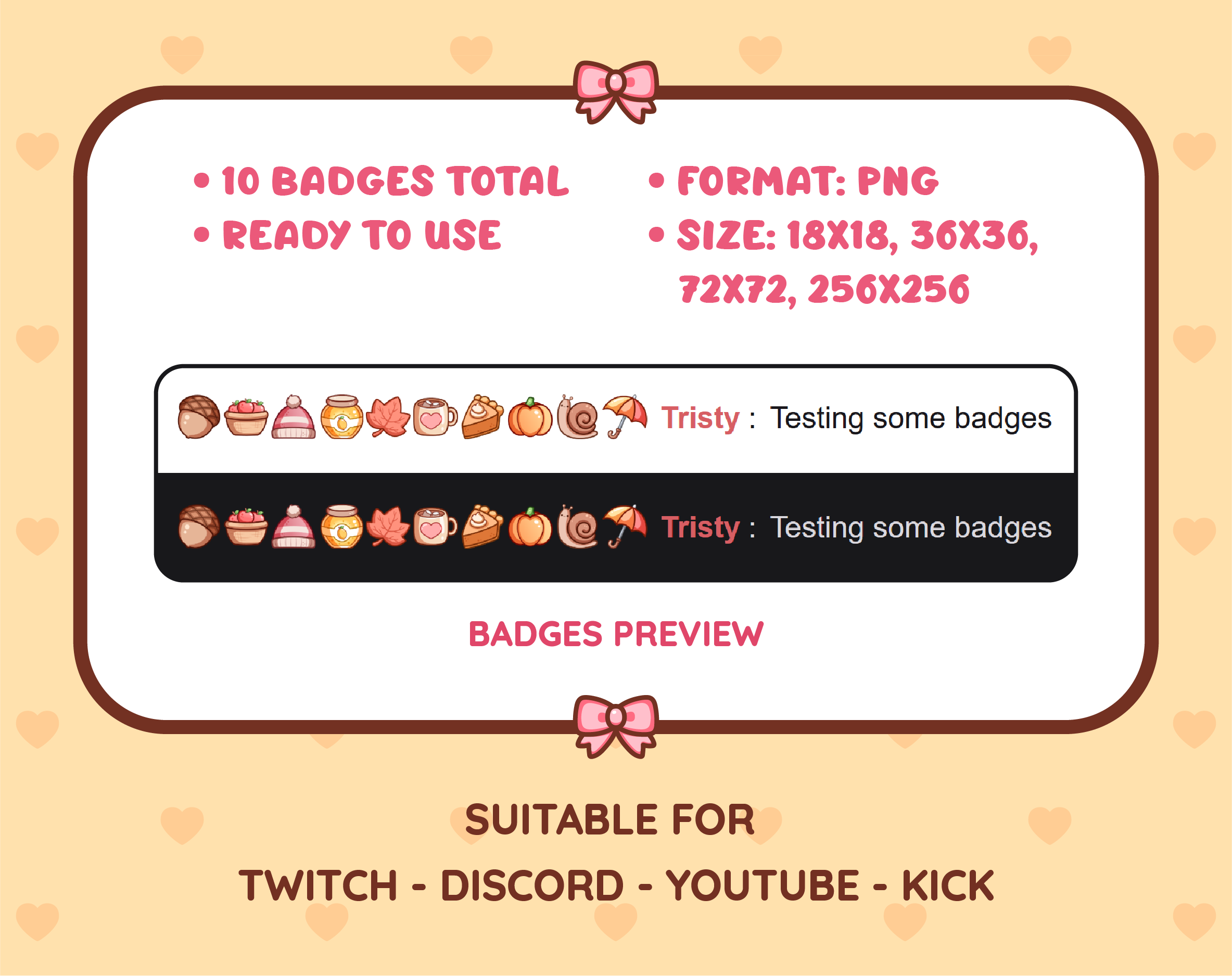 Fall Elements Twitch sub badge pack preview displaying all 10 subscriber badges with format and size information.