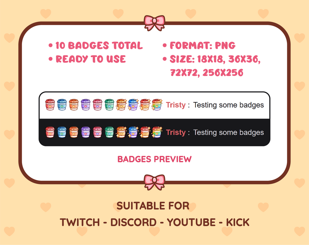 Coffee Cup Twitch sub badge pack preview displaying all 10 subscriber badges with format and size information.