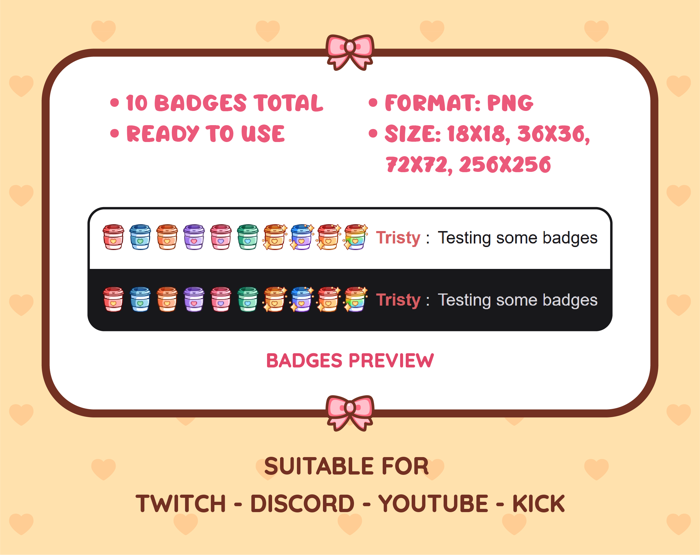 Coffee Cup Twitch sub badge pack preview displaying all 10 subscriber badges with format and size information.