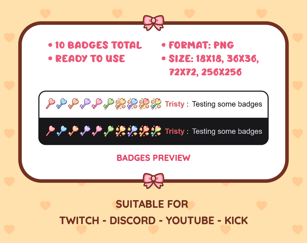 Key Twitch sub badge pack preview displaying all 10 subscriber badges with format and size information.