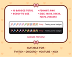 Key Twitch sub badge pack preview displaying all 10 subscriber badges with format and size information.