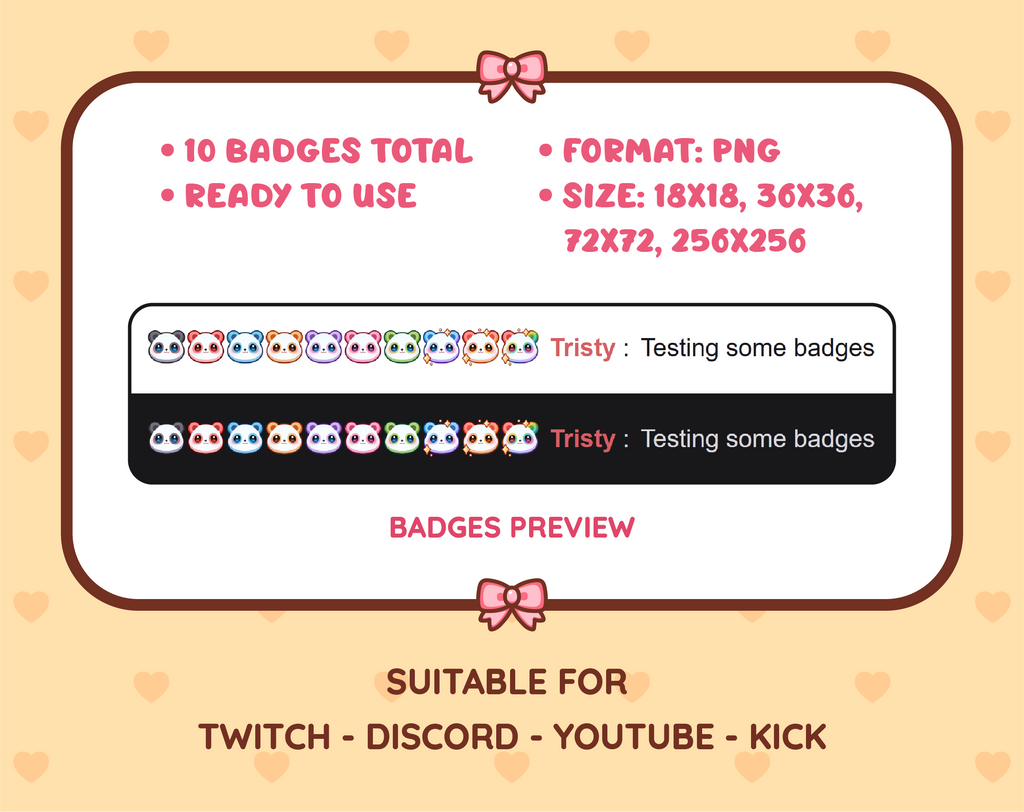 Panda Bear Twitch sub badge pack preview displaying all 10 subscriber badges with format and size information.
