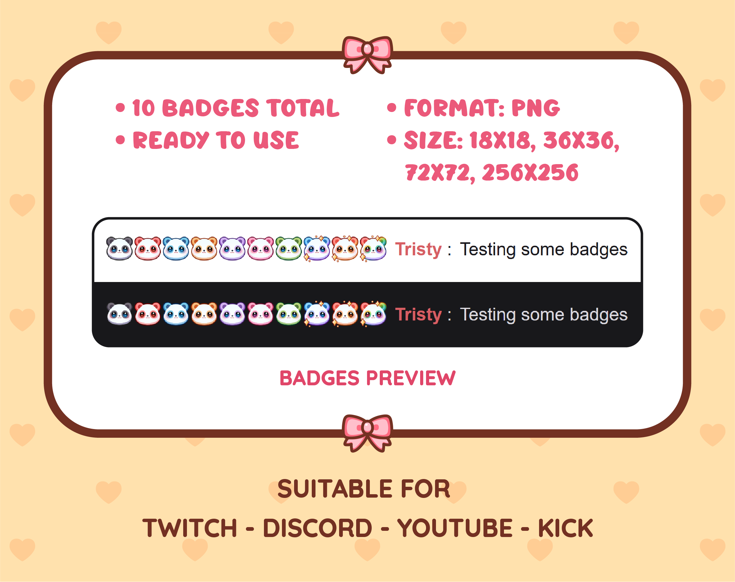 Panda Bear Twitch sub badge pack preview displaying all 10 subscriber badges with format and size information.