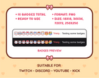 White Cat Twitch sub badge pack preview displaying all 10 subscriber badges with format and size information.