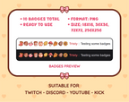 Fall Elements Twitch sub badge pack preview displaying all 10 subscriber badges with format and size information.