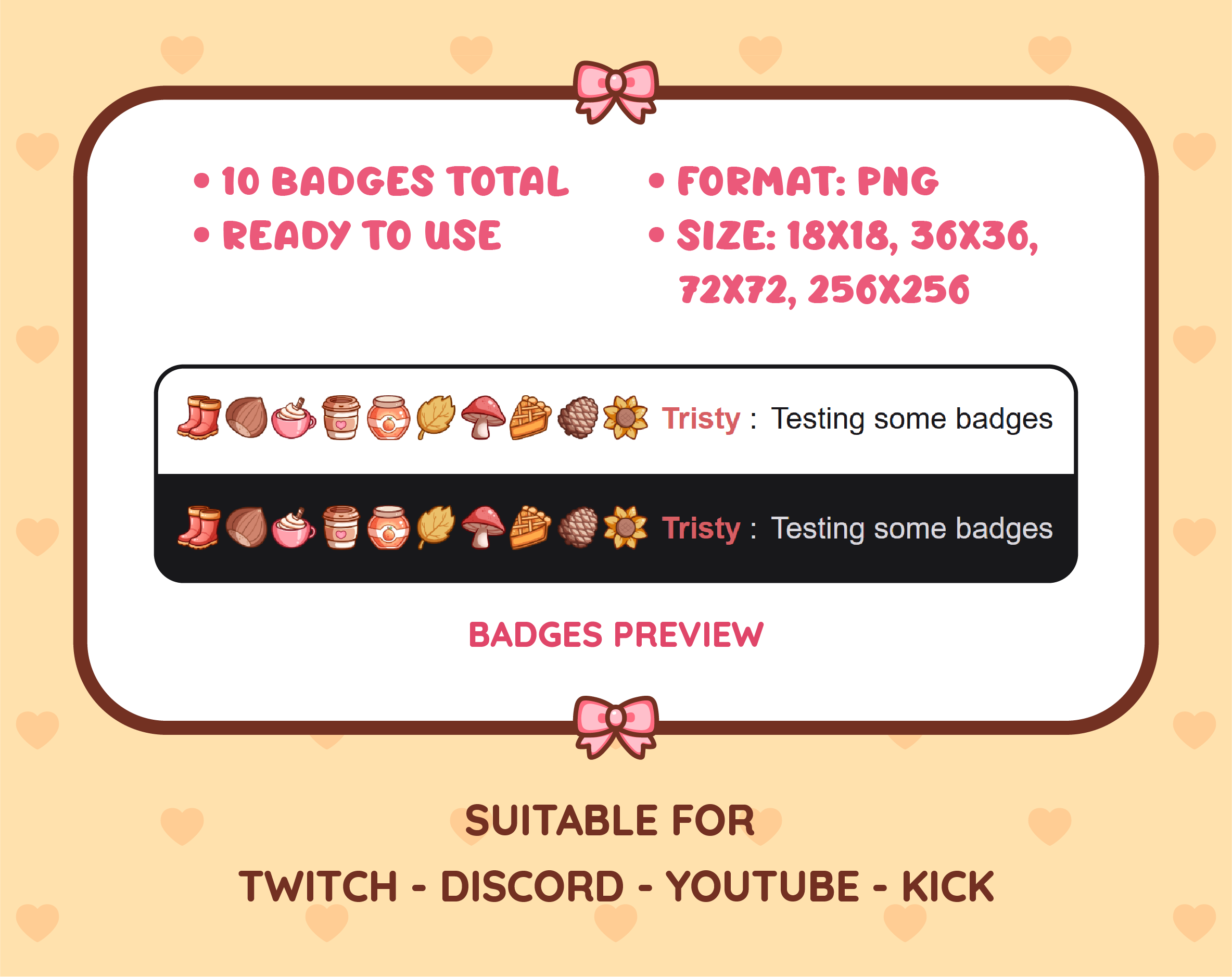 Fall Elements Twitch sub badge pack preview displaying all 10 subscriber badges with format and size information.