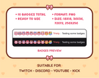 Pink Cat Twitch sub badge pack preview displaying all 10 subscriber badges with format and size information.