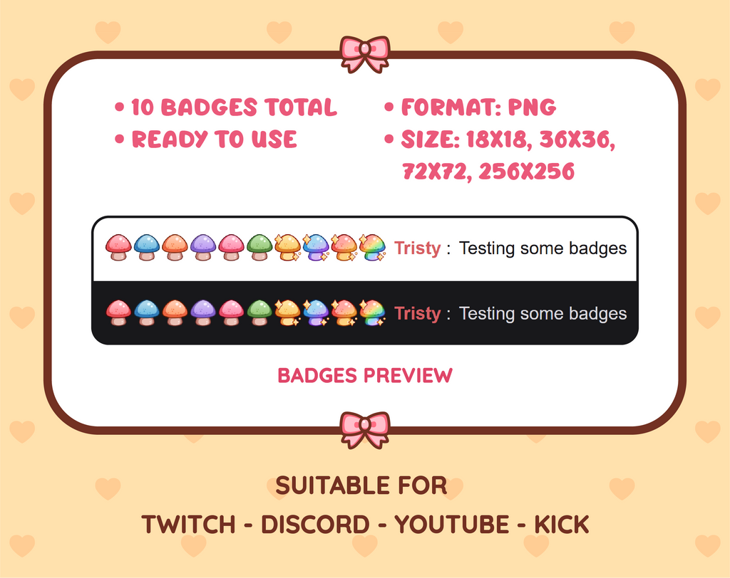 Mushroom Twitch sub badge pack preview displaying all 10 subscriber badges with format and size information.