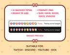 Mushroom Twitch sub badge pack preview displaying all 10 subscriber badges with format and size information.