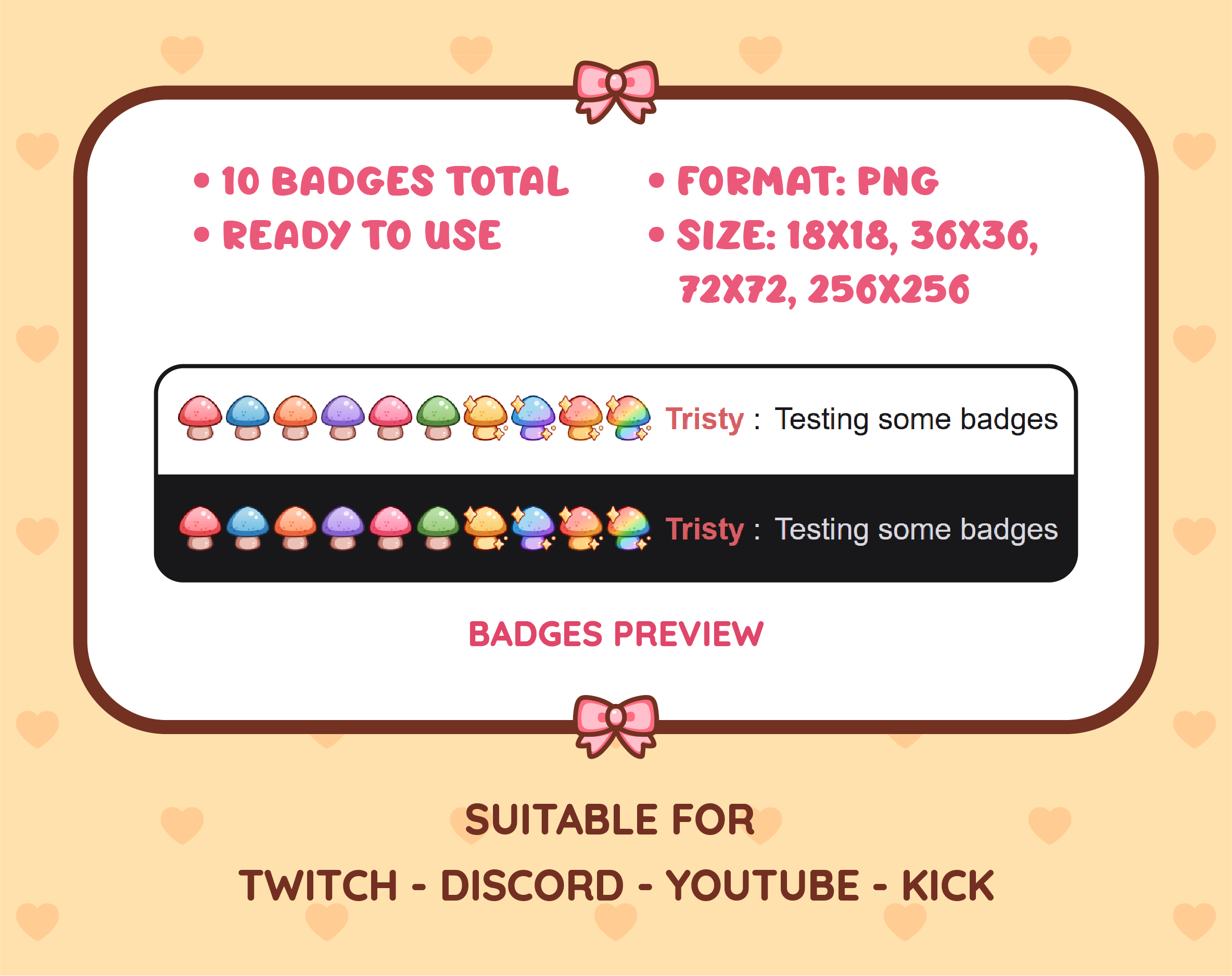 Mushroom Twitch sub badge pack preview displaying all 10 subscriber badges with format and size information.