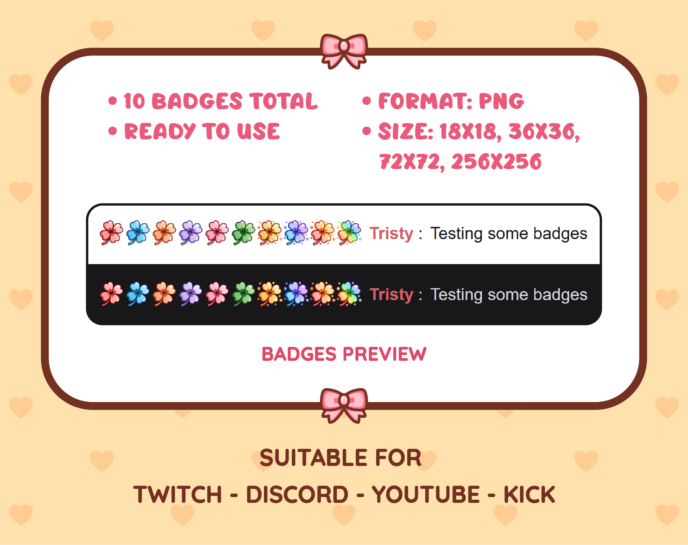 Four Leaf Clover Twitch sub badge pack preview displaying all 10 subscriber badges with format and size information.
