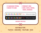 Pineapple Twitch sub badge pack preview displaying all 10 subscriber badges with format and size information.