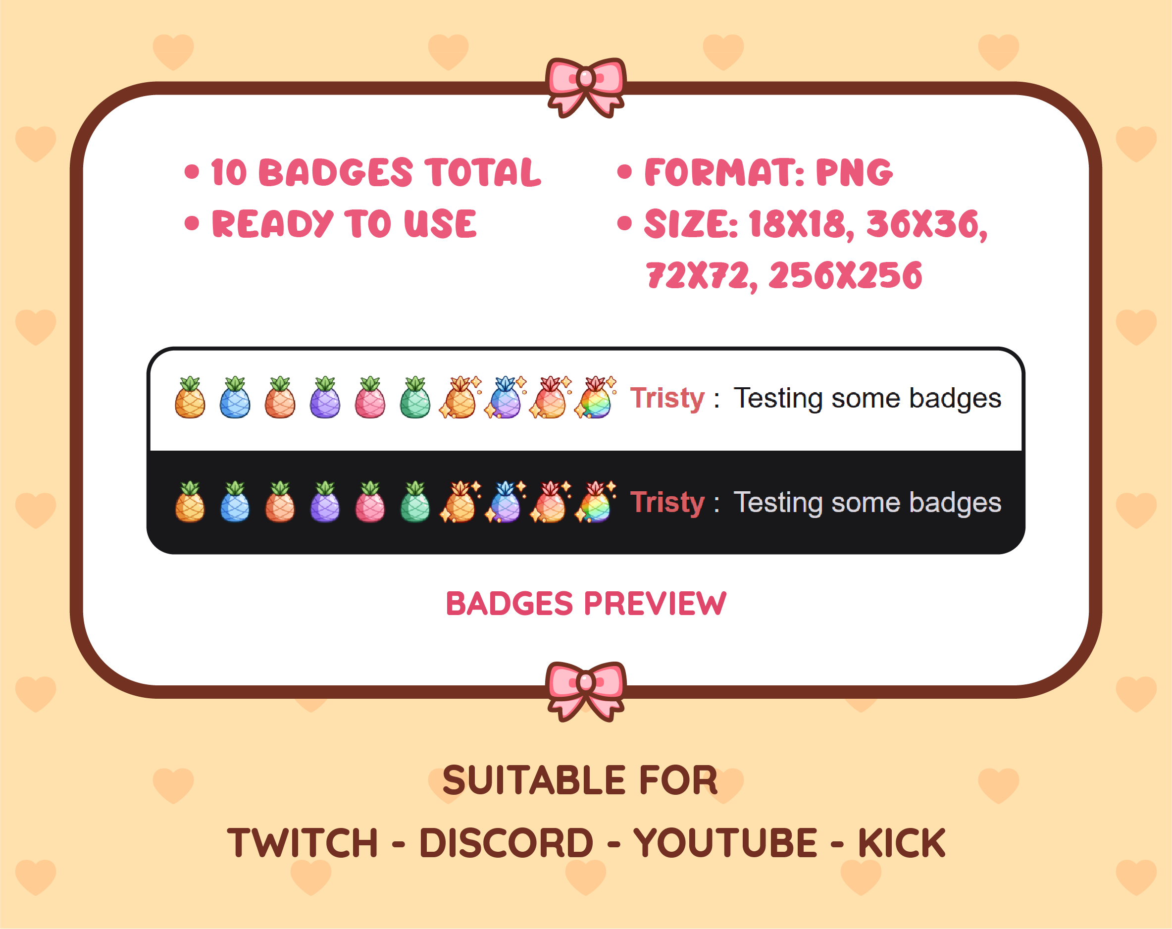 Pineapple Twitch sub badge pack preview displaying all 10 subscriber badges with format and size information.