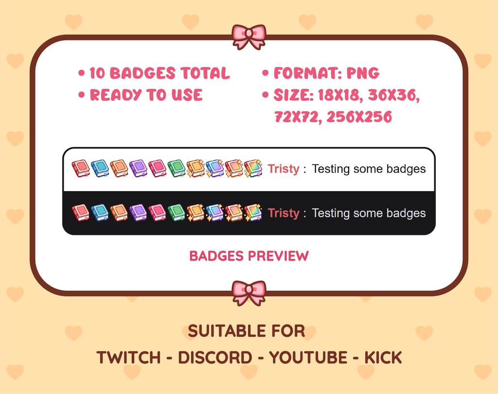 Book Twitch sub badge pack preview displaying all 10 subscriber badges with format and size information.