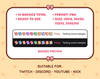 Book Twitch sub badge pack preview displaying all 10 subscriber badges with format and size information.