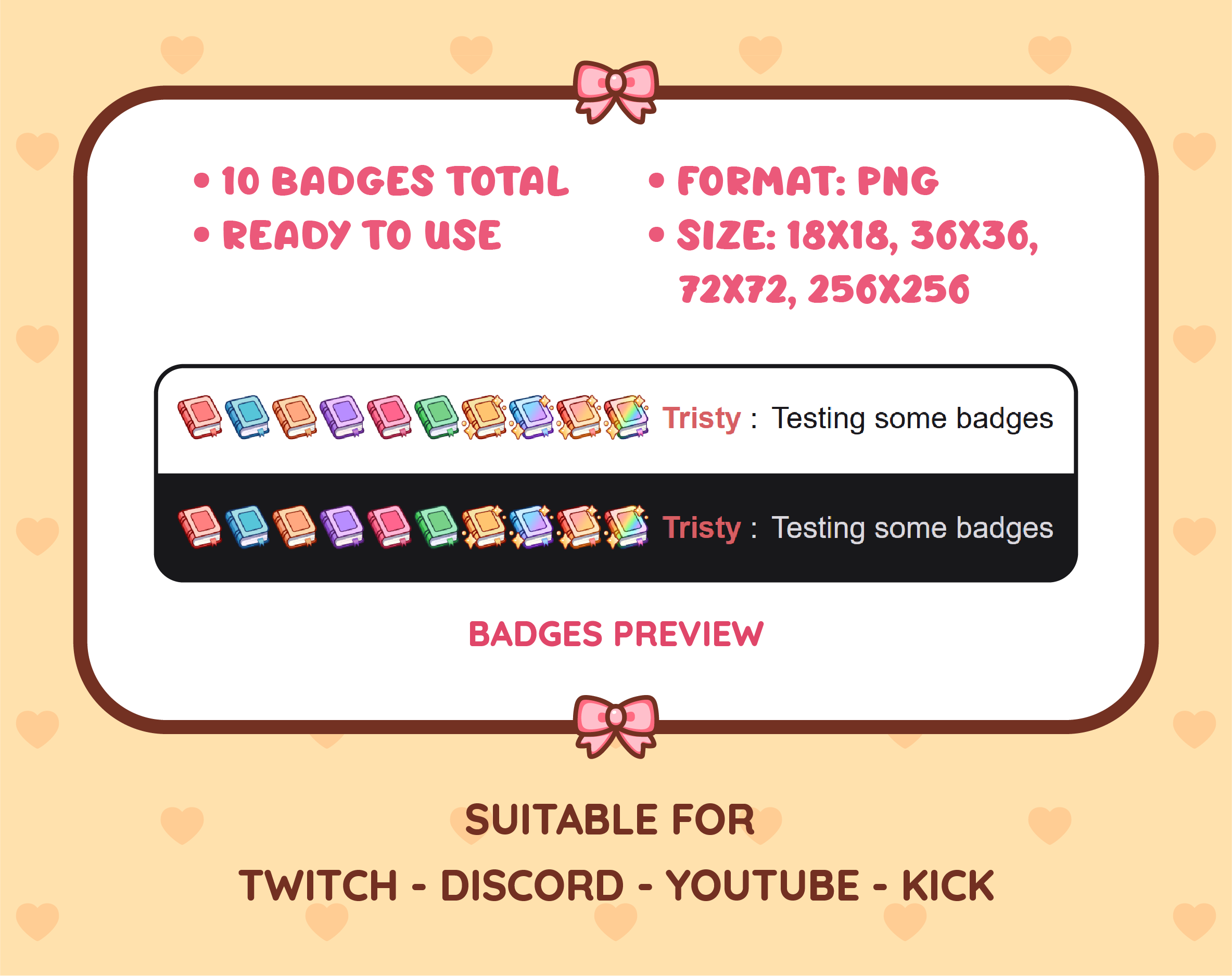 Book Twitch sub badge pack preview displaying all 10 subscriber badges with format and size information.