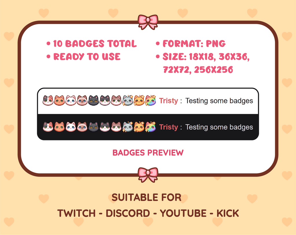 Cat breed Twitch sub badge pack preview displaying all 10 subscriber badges with format and size information.