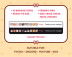 Cat breed Twitch sub badge pack preview displaying all 10 subscriber badges with format and size information.