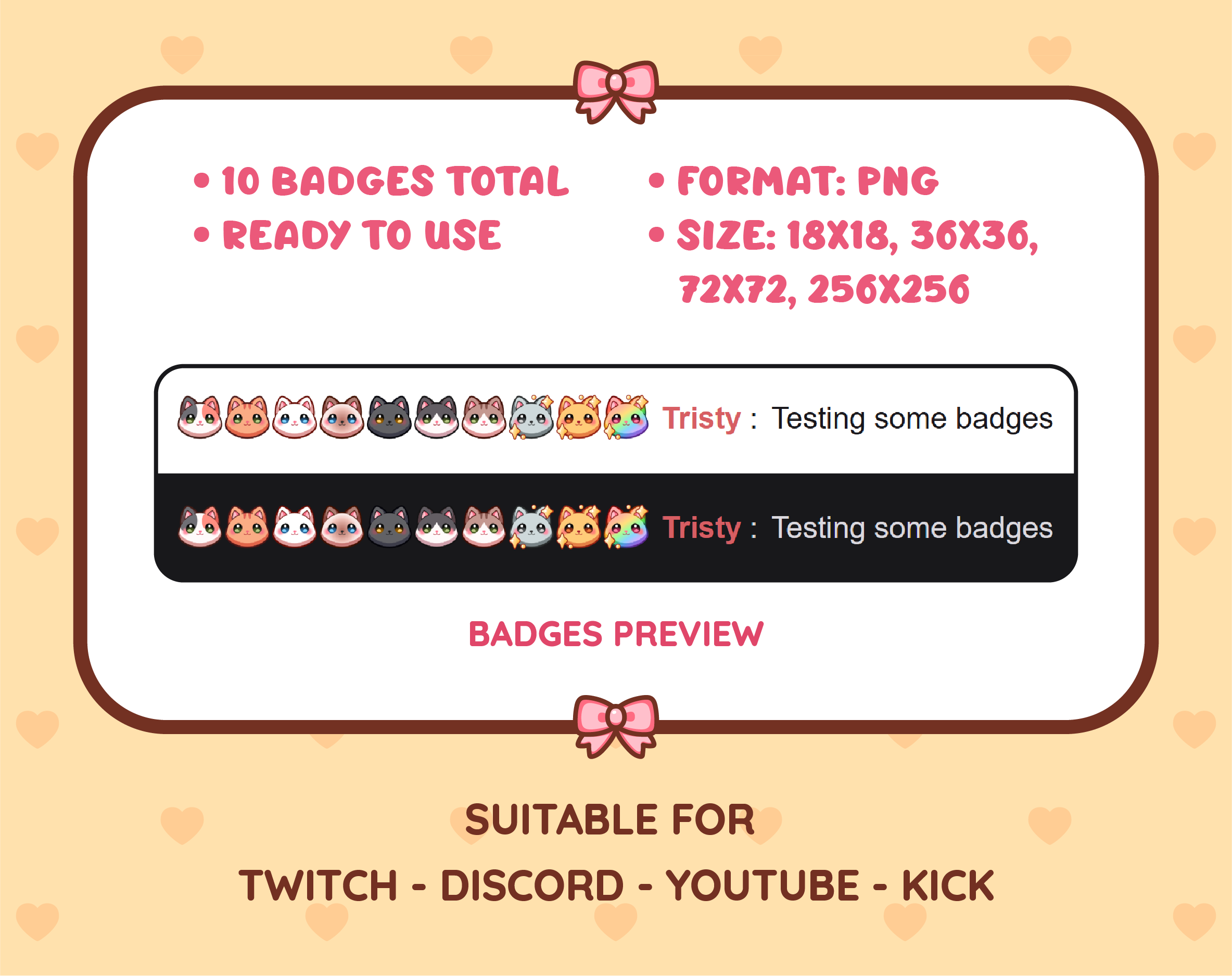 Cat breed Twitch sub badge pack preview displaying all 10 subscriber badges with format and size information.
