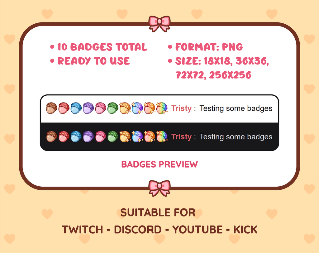 Acorn Twitch sub badge pack preview displaying all 10 subscriber badges with format and size information.