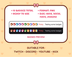 Acorn Twitch sub badge pack preview displaying all 10 subscriber badges with format and size information.