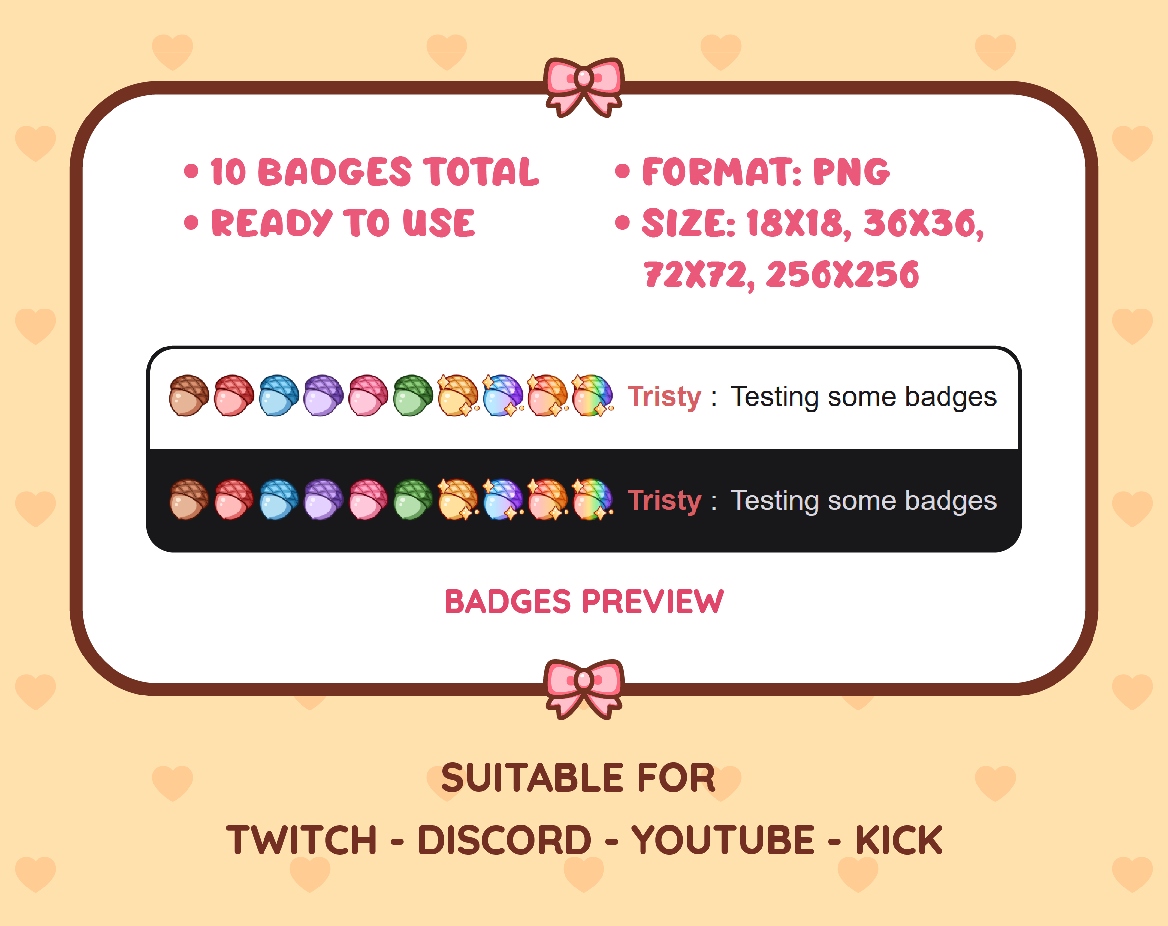 Acorn Twitch sub badge pack preview displaying all 10 subscriber badges with format and size information.