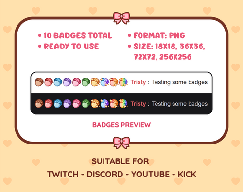 Acorn Twitch sub badge pack preview displaying all 10 subscriber badges with format and size information.
