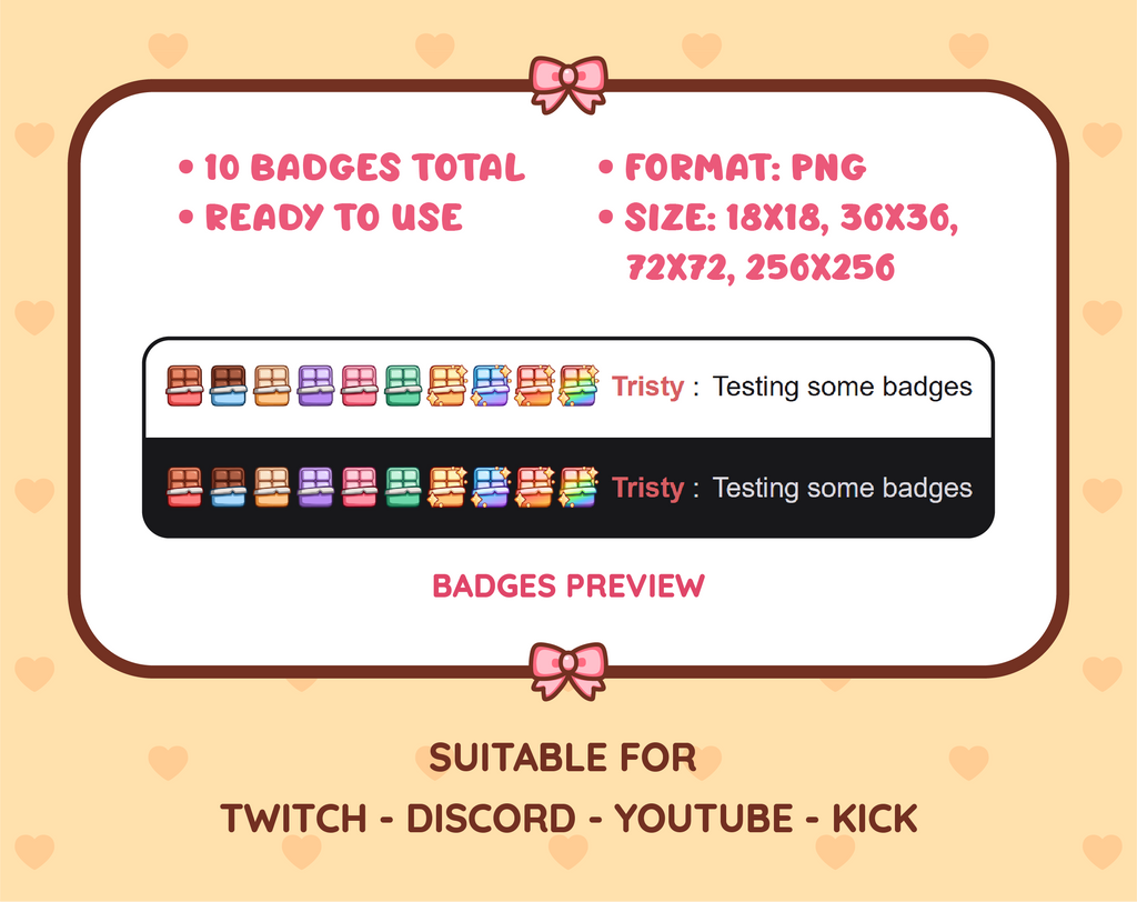 Chocolate Bar Twitch sub badge pack preview displaying all 10 subscriber badges with format and size information.