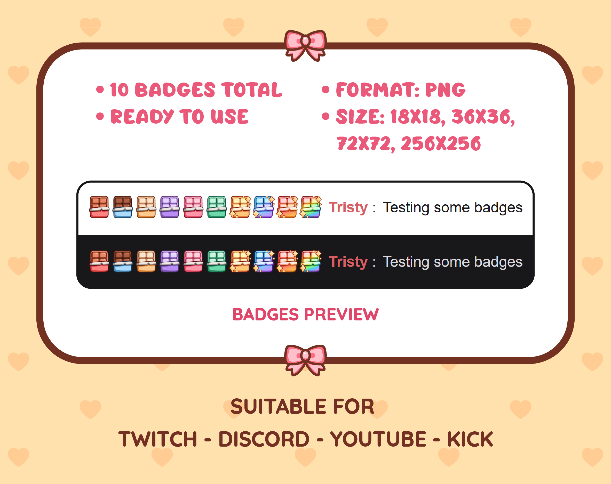 Chocolate Bar Twitch sub badge pack preview displaying all 10 subscriber badges with format and size information.