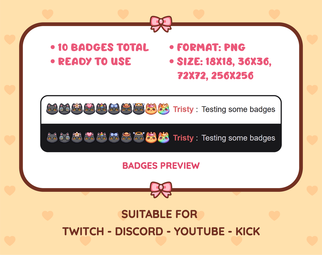 Black Cat Twitch sub badge pack preview displaying all 10 subscriber badges with format and size information.