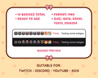 Black Cat Twitch sub badge pack preview displaying all 10 subscriber badges with format and size information.