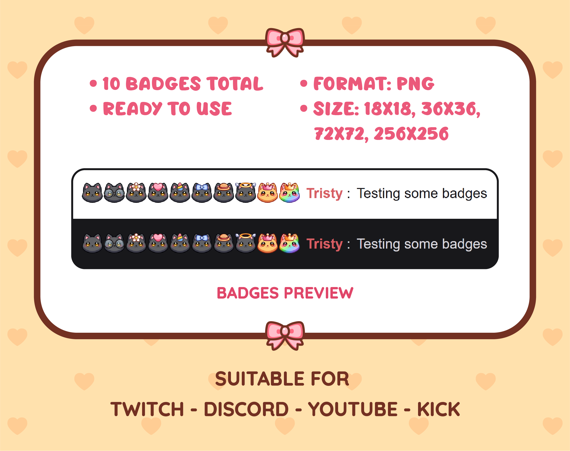 Black Cat Twitch sub badge pack preview displaying all 10 subscriber badges with format and size information.