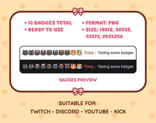 Black Cat Twitch sub badge pack preview displaying all 10 subscriber badges with format and size information.
