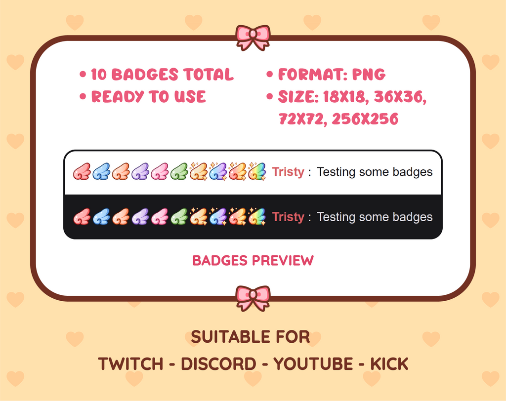 Wing Twitch sub badge pack preview displaying all 10 subscriber badges with format and size information.