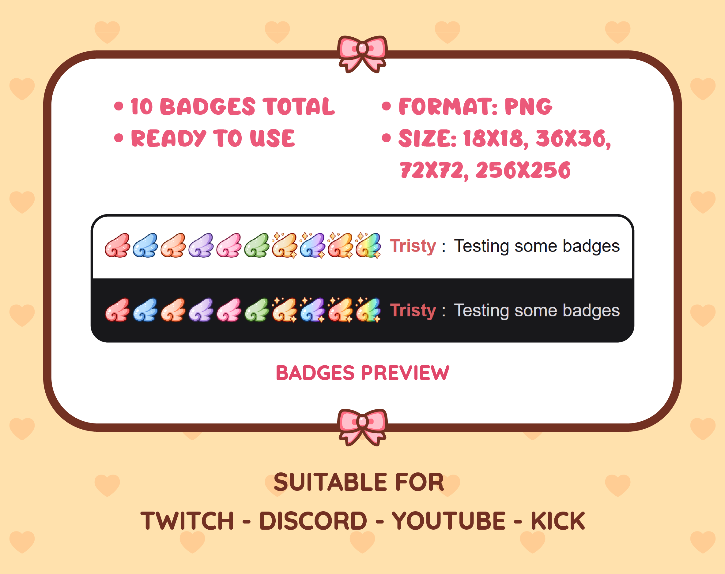 Wing Twitch sub badge pack preview displaying all 10 subscriber badges with format and size information.