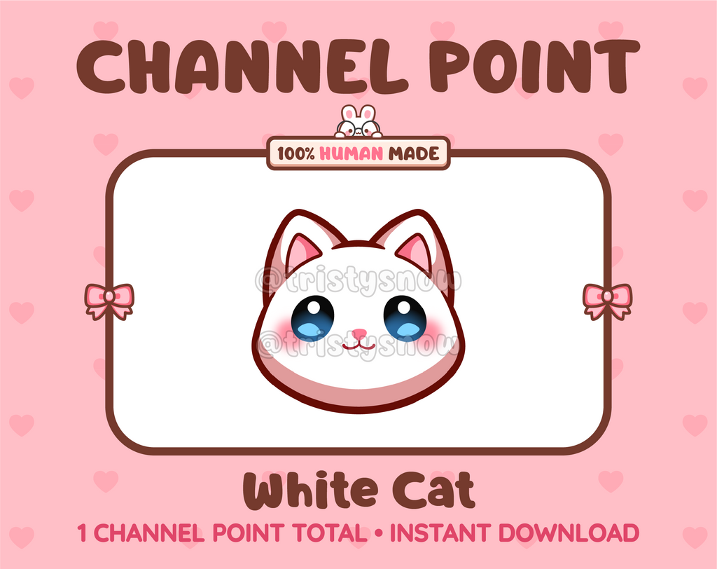 Cute white cat channel point icon with blue eyes for Twitch.