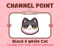 Cute black and white cat channel point icon with green eyes for Twitch.